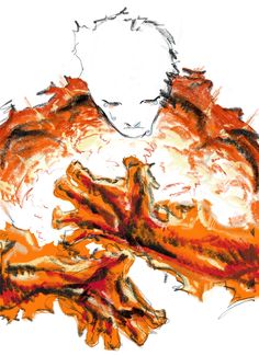 an artistic drawing of a person's torso with orange and red colors on it