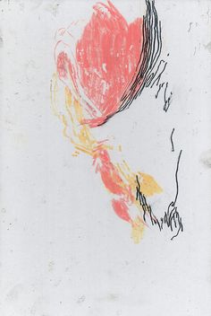 an abstract painting with red, yellow and black lines on white paper in the shape of a heart