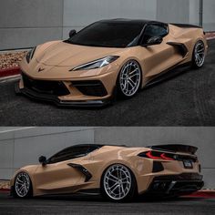 two views of the front and back of a beige sports car, one is shown in three different angles