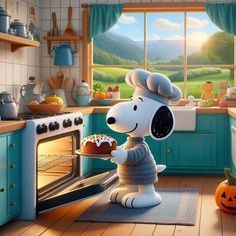 a cartoon dog is holding a cake in the kitchen