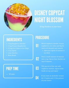 an info sheet for disney's night blossom, which includes information about the drink and ingredients