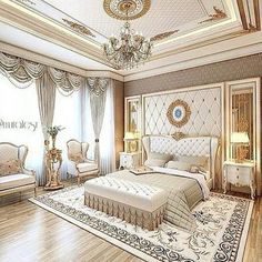 an elegant bedroom with chandelier and white furniture