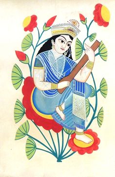 Devi Illustrations, Kalighat Patachitra, Patachitra Paintings, Kalighat Paintings, Folk Art Paintings, Basant Panchami, Saree Jackets