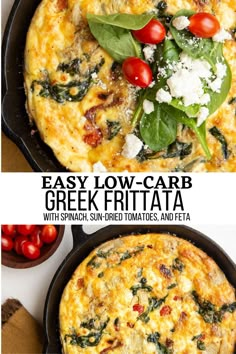 easy low - carb greek frittata with spinach, sun - dried tomatoes and feta