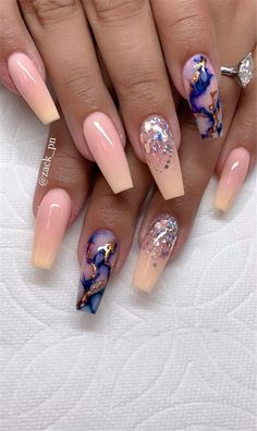 Stone Nails, Long Coffin Nails, Nail Design Glitter, French Ombre, Coffin Nails Long, Nail Tattoo, Pretty Nail Art