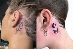 two pictures of the same person with tattoos on their ears and behind them is a woman's ear