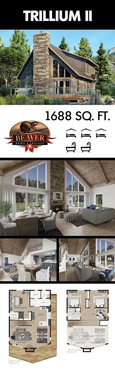 the floor plan for this modern cabin is shown in three different sections, including one bedroom and