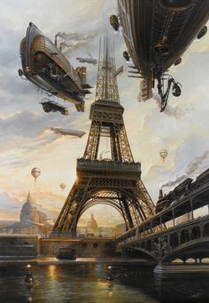 a painting of the eiffel tower in paris, with flying vehicles above it