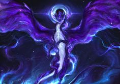 an artistic painting of a woman with purple hair and angel wings in the night sky