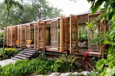 a house made out of wooden slats in the middle of some trees and plants