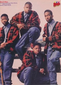 the three men are wearing plaid jackets and jeans, one is holding a baseball bat