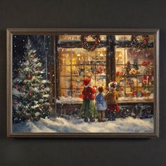 a painting of three children looking at a christmas tree in front of a store window