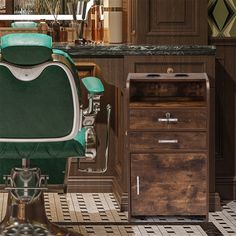 a green and white chair sitting in front of a wooden cabinet next to a counter