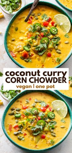 two bowls of coconut curry corn chowder with limes and cilantro on the side