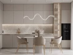 a modern kitchen with marble counter tops and white chairs, along with an elegant chandelier