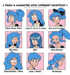 the different stages of hair styles for girls with blue hair and bangs, in cartoon style