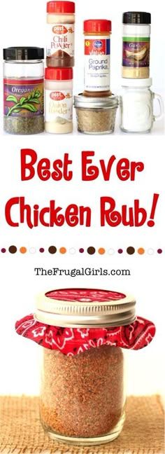 the best ever chicken rub recipe is in a jar with red ribbon around it and three jars