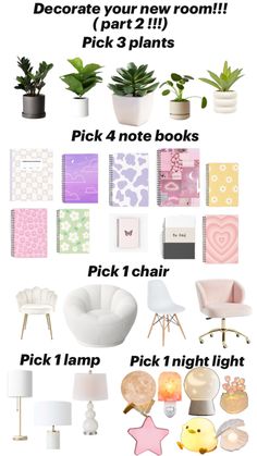 a bunch of different types of furniture and decor in pink, green, yellow and white