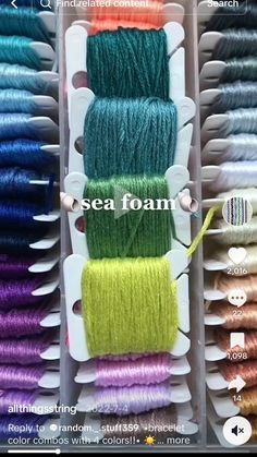 several rows of spools of thread with the words sea foam on them in different colors