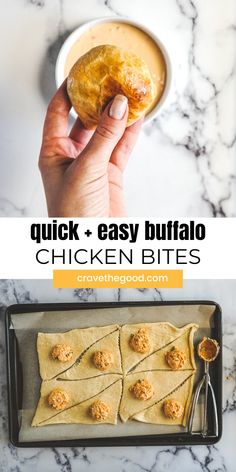 the chicken bites are being held up in front of an image with text overlay that reads quick and easy buffalo chicken bites