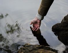 a person reaching for something in the water with their hand on top of some rocks