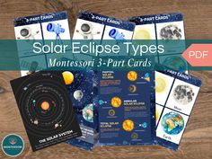 solar eclipse types montessori - 3 part cards with text overlaying the image