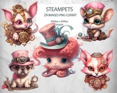 four cute kittens with steampunk hats and gears on their heads, all in different poses