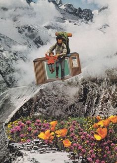 a man on a television in the air with flowers around him and mountains in the background