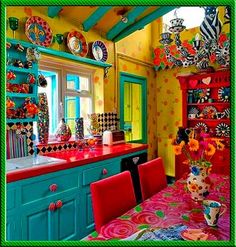 a colorful kitchen with lots of counter space