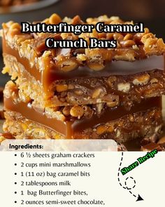 the recipe for butterfingerer caramel crunch bars is shown in three different ways