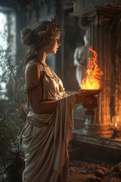 a woman dressed in ancient greek clothing holding a bowl with fire on it and looking at the camera