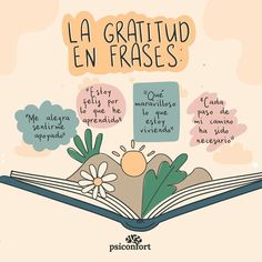 an open book with spanish words on it and flowers in the pages that read la gratitud en frases