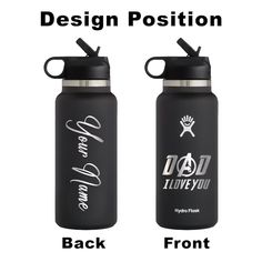 two black water bottles with the words design position and back