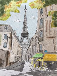 a drawing of the eiffel tower from an alleyway in paris, france