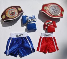 two boxing gloves, one red and one blue