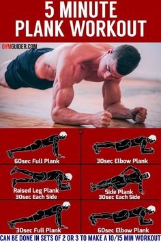 the 5 minute plank workout is shown in red and black, with instructions for how to do