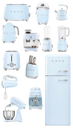 an assortment of kitchen appliances on a white background