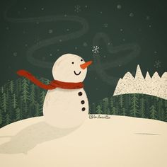 a snowman with a red scarf around his neck standing in front of trees and mountains