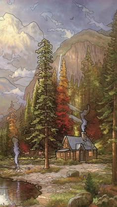 Cabin Illustration Drawings, Fall Cabin Painting, Cottage In The Woods Drawing, Woods Drawing Forests, Autumn Drawing Aesthetic, House In The Woods Art, Cabin In The Woods Wallpaper, Autumn Illustration Wallpaper, Forest Cabin Aesthetic