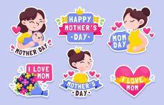 mother's day stickers with woman and child in different poses, on blue background