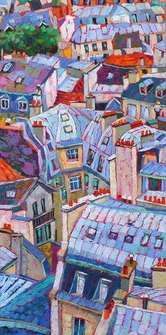 an oil painting of rooftops and buildings