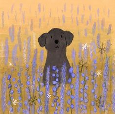 a painting of a dog in a field of blue flowers with yellow and purple background