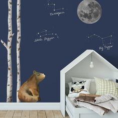 there is a bear that is looking at the stars in the night sky and trees