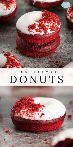 red velvet donuts with white frosting and sprinkles on top are ready to be eaten