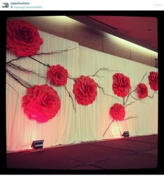 red flowers are hanging on the wall in front of a white drapeed backdrop