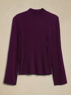 Lena Metallic Sweater | Banana Republic Fine Knit Mock Neck Top For Fall, High Neck Knit Top For Fall, Fall Pointelle Knit Turtleneck Top, Purple Sweater Outfit, Dark Purple Sweater, Metallic Sweater, Wardrobe Planning, Flare Sleeves, Purple Sweater