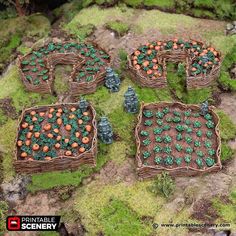 four baskets filled with fruit sitting on top of a moss covered rock surface next to trees and bushes