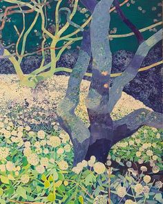 a painting of a tree in the middle of some bushes and trees with white flowers