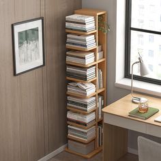 a book shelf filled with books next to a window