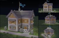 four different views of a house in minecraft, including the front and side windows